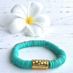 Heishi Bead Bracelet with Gold Tube Accent - Teal